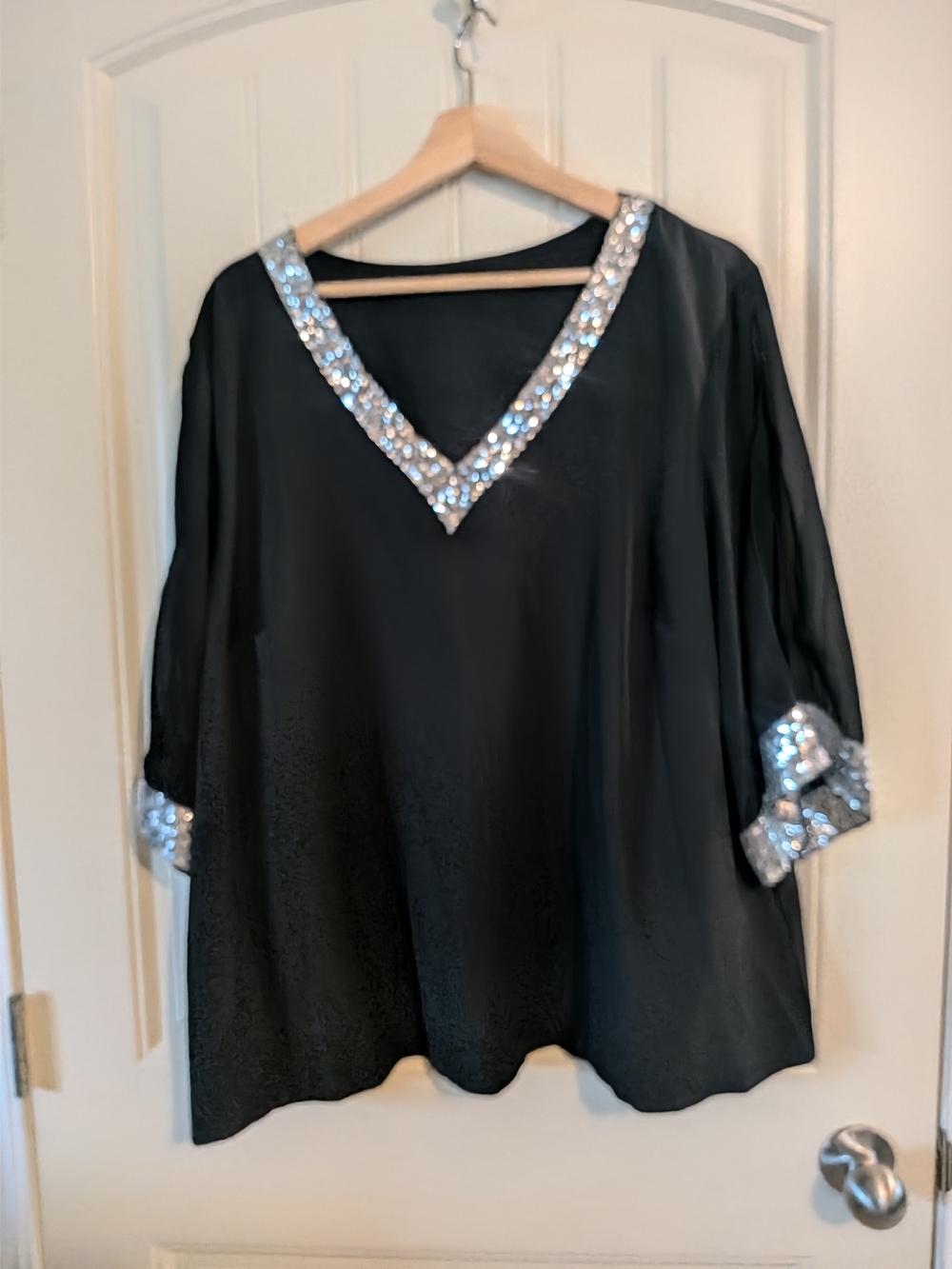 4/$45 - Black V-Neck Sequin Trim Women's Top With Sheer Sleeves